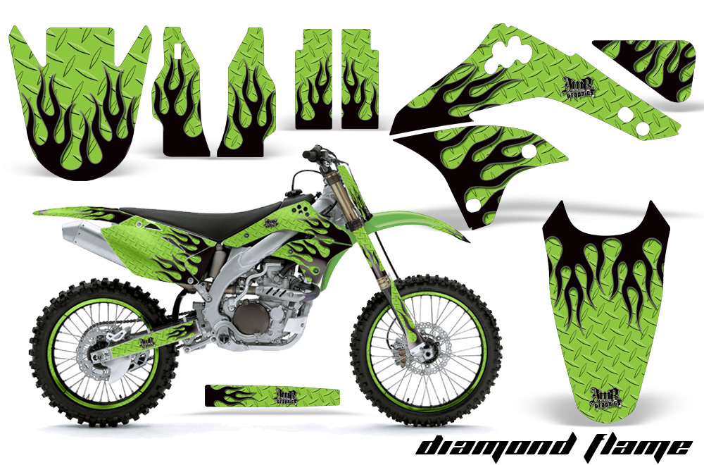 Kawasaki KX450F 06 08 Graphic Kit DiamondFlames BlackGreenBG NPs